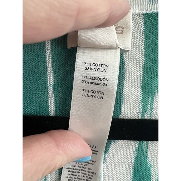 CHICO’S Green Abstract Open Front Cotton Blend Gauze Longline Cardigan - Picture 8 of 10